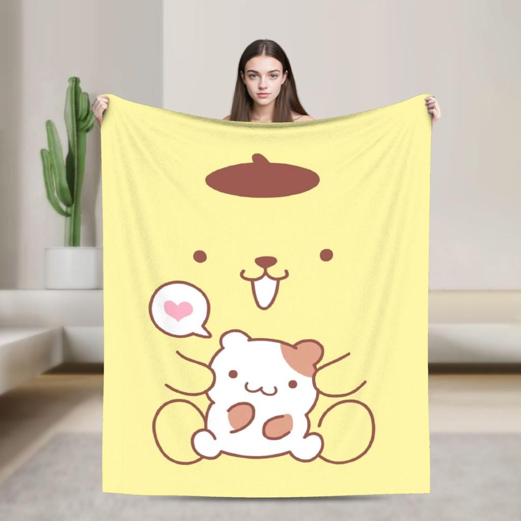 Cute Pom Pom Purin Face Knitted Blanket Cartoon Flannel Throw Blankets Summer Air Conditioning Portable Lightweight Bedsprea,