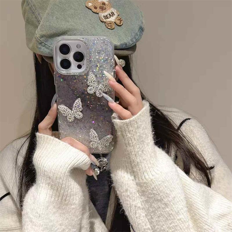 Coque de protection antichoc pour iPhone 16 Pro Max, motif papillon et diamants pailletés, compatible avec iPhone 16, 15, 14, 13, 12, 11 Pro Max Plus