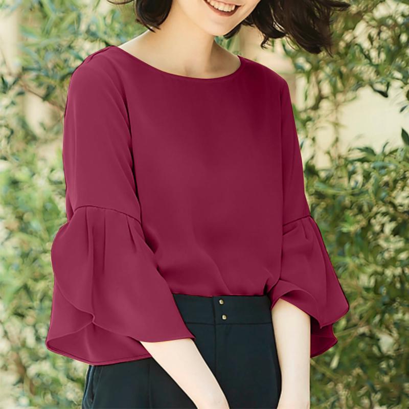 

ZANZEA Женская повседневная блузка с круглым вырезом и рукавом 3/4 L вино красного