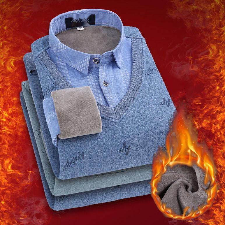 Men's Loose Knit Sweater with Faux Two-Piece Shirt Collar, Fleece-Lined, Thick Warm Winter Stand-Up Collar Top