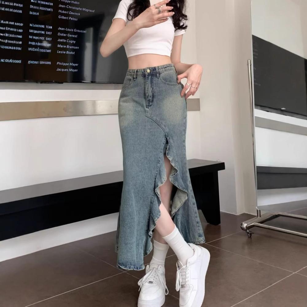 Damen Hohe Taille Denim Meerjungfrau Midi Rock Unregelmäßig Rüsche Schlitz Vintage Gewaschen Fishtail Jeansrock Für Tägliche Party