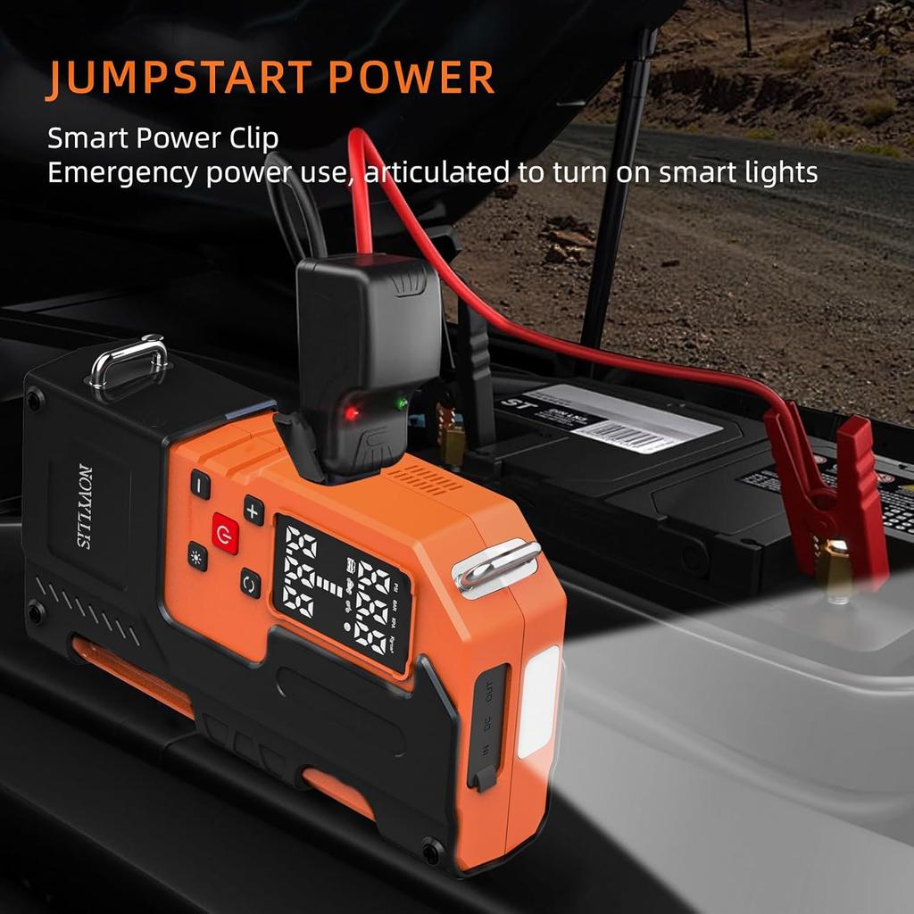Air Compressor with Jump Starter 10000mAh Power Bank, 150PSI Tire Inflator, SOS LED Light, Auto Shut-off
