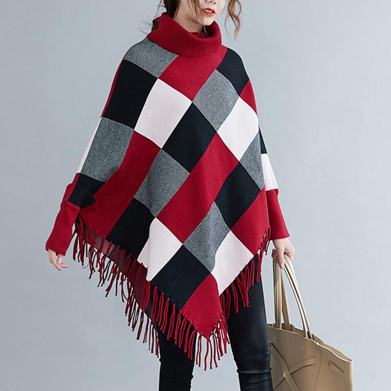 شال كيب خفاش قميص خفاش سترة محبوكة معطف نسائي علوي سميك خريف وشتاء نمط جديد مزاج عرض رقيق رقبة عالية شرابة