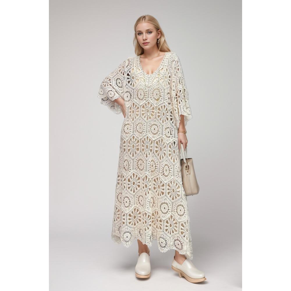 DIMANAF 2024 New Summer Women Long Knitted Dress Sleeve Basic Fashion Lace Dresses Casual Loose White