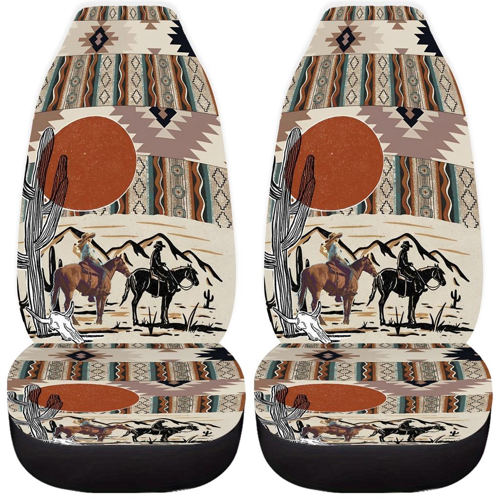 2pcs Bohemian Style Car Seat Covers Vibrant Native American-Inspired Design with Horse & Sun Motifs, Universal Fit for SUVs