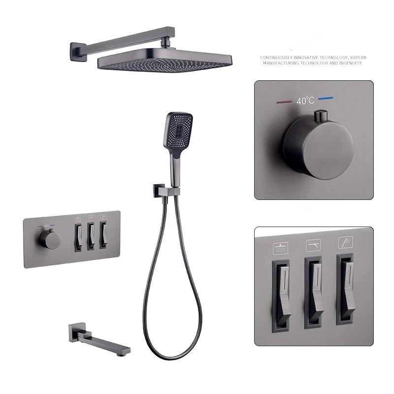 Brushed Gold Thermostatic Bathroom Shower Faucet In Wall Bath and Shower Faucet Set Gray Bathroom Mixer Bath and Rainfall Shower