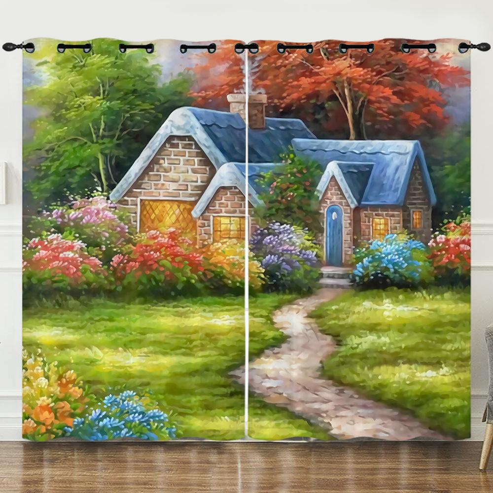 Curtain Oil Painting Landscape Firefly 3D Digital Printing Blackout Curtain Punching