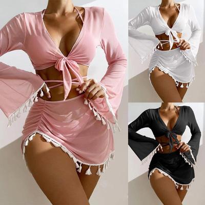 Nové dámské rozdělené čtyřdílné bikiny, sexy pevné šněrovací bikiny s dlouhým rukávem, elegantní střapce, čerstvé plážové bikiny
