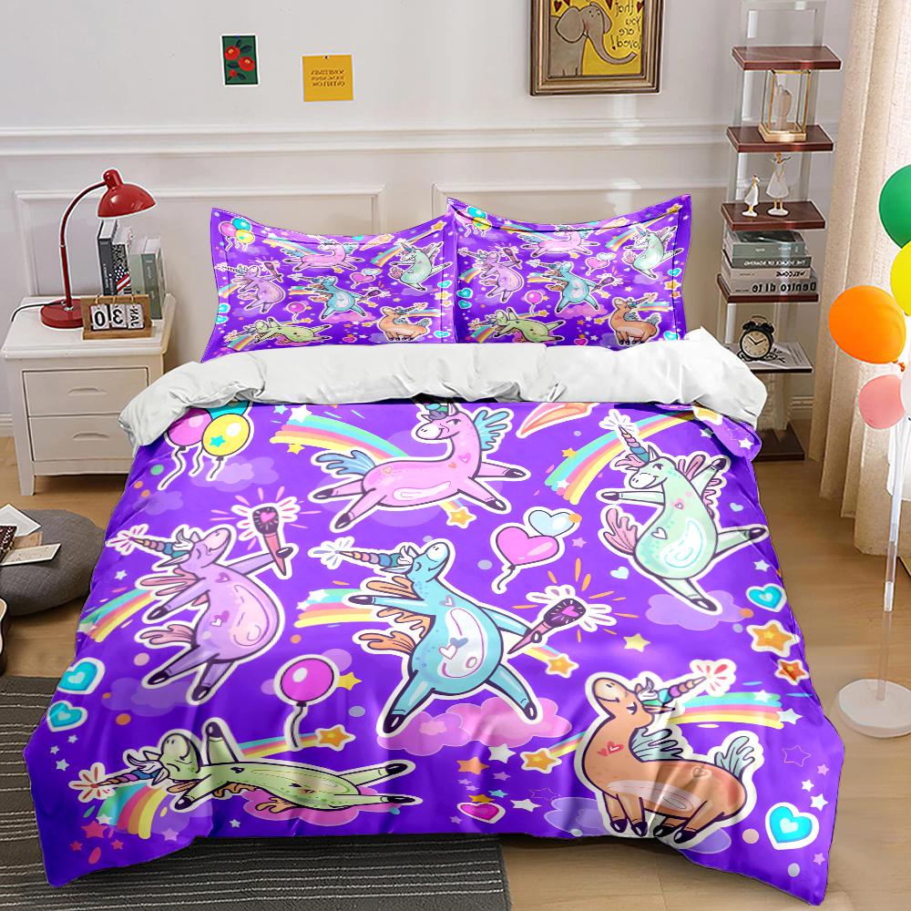 Cute Unicorns With Rainbow Background Bedding Set 1 Duvet Cover 2 Pillowcases For Adult And Children Luxury Gift Full Size