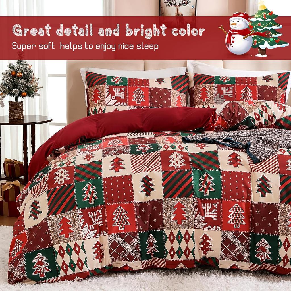 Christmas Duvet Cover Set Patchwork Plaid Bedding Set Red And Green Christmas Tree Printed Duvet Soft Duvet Comforter Covers