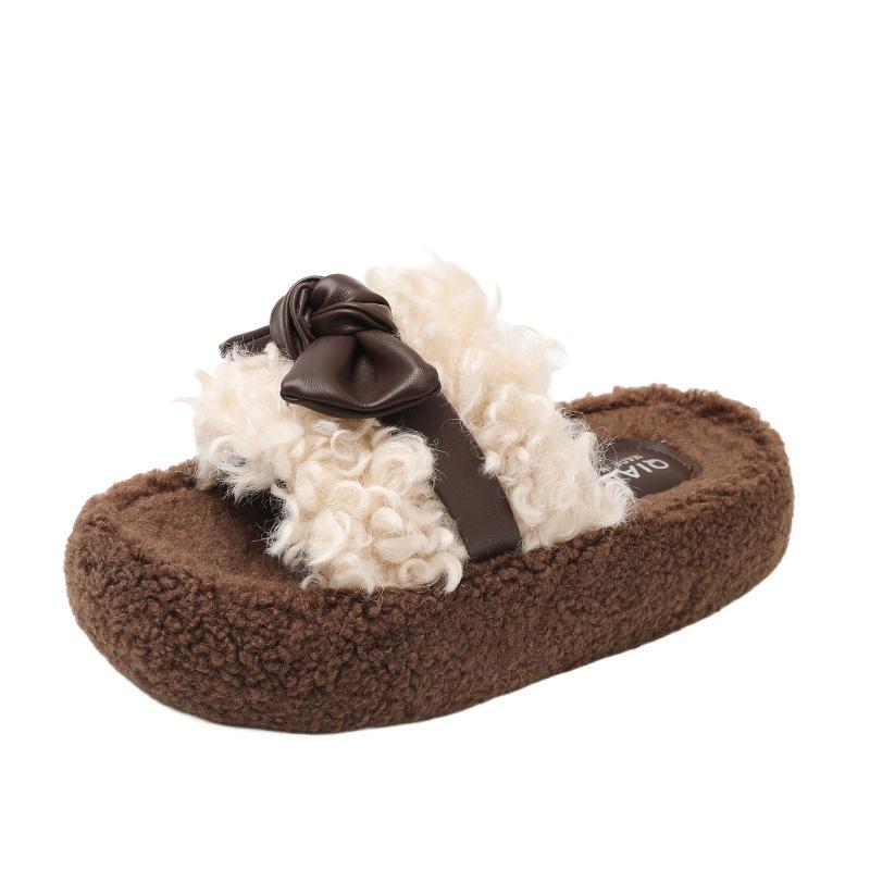 Korean Version Thick-bottomed Bag Head Bow Fluffy Slippers Women's Outer Wear 2025 New Autumn and Winter Velvet Warm Cotton Slippers