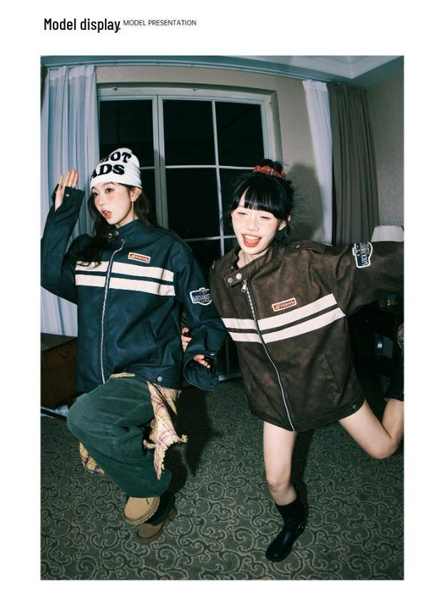 American Retro Striped Color Block Racing Leather Jacket for Men & Women - 2025 Spring Couples' Casual Trend.