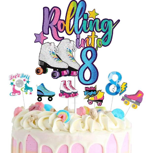 7Pcs Rolling Into 10 Theme Cake Toppers Sets Roller Skate Happy 10th Birthday Themed Set Cake Decoration Girls Club Rolling 10 Years Old Supplies