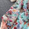 Spring Summer Bohemain Long Dress Women's V-Neck Flare Sleeve Floral Print Single Breasted High Waist A-Line Chiffon Vestidos