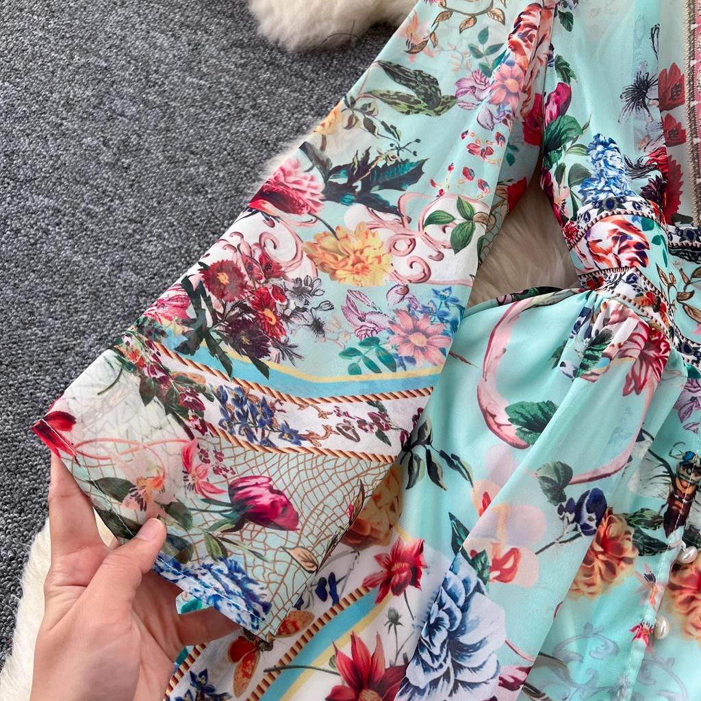 Spring Summer Bohemain Long Dress Women's V-Neck Flare Sleeve Floral Print Single Breasted High Waist A-Line Chiffon Vestidos