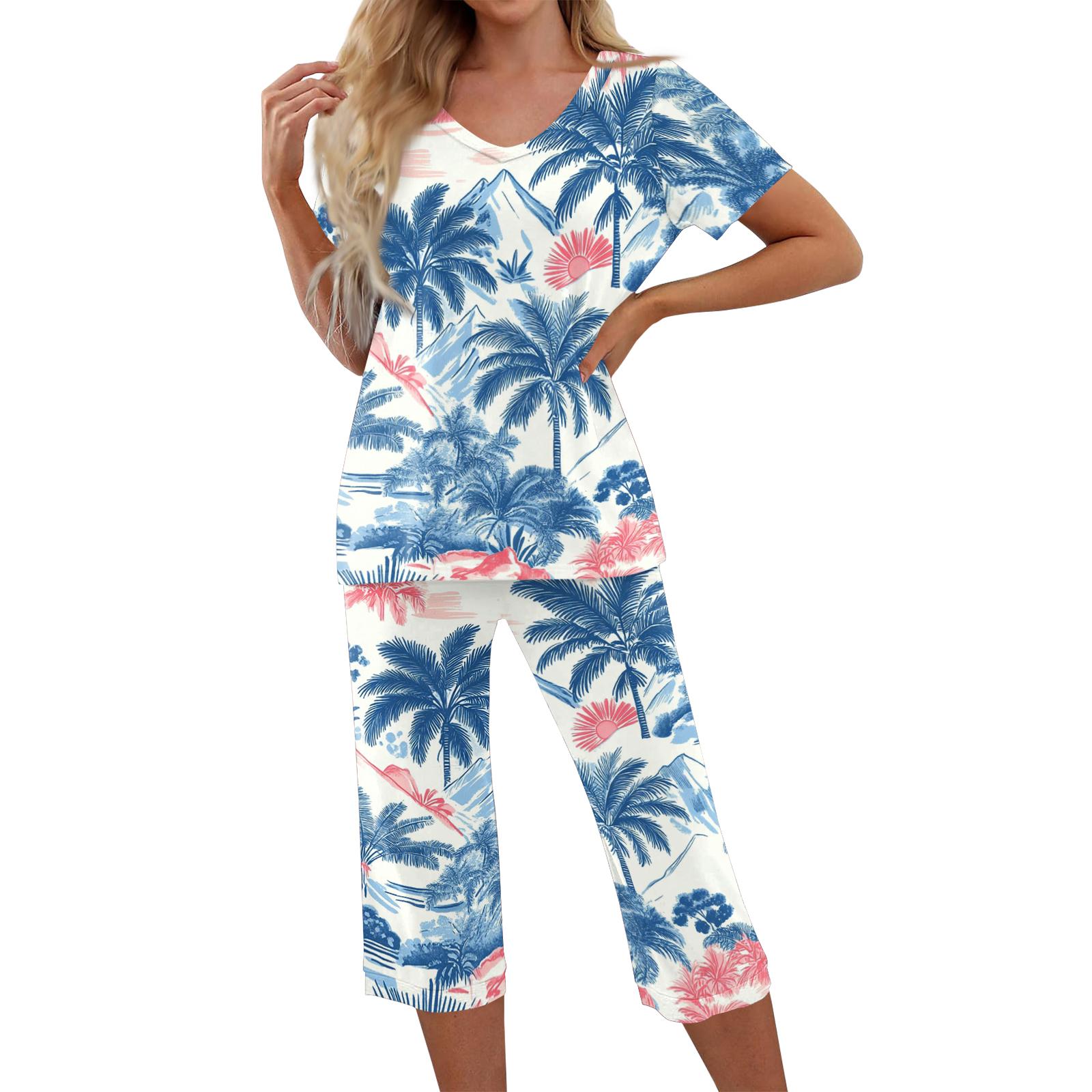 

Комплекты из 2 предметов для женщин: топ с коротким рукавом и брюки с карманами, мягкие тренировочные комплекты с принтом L синий