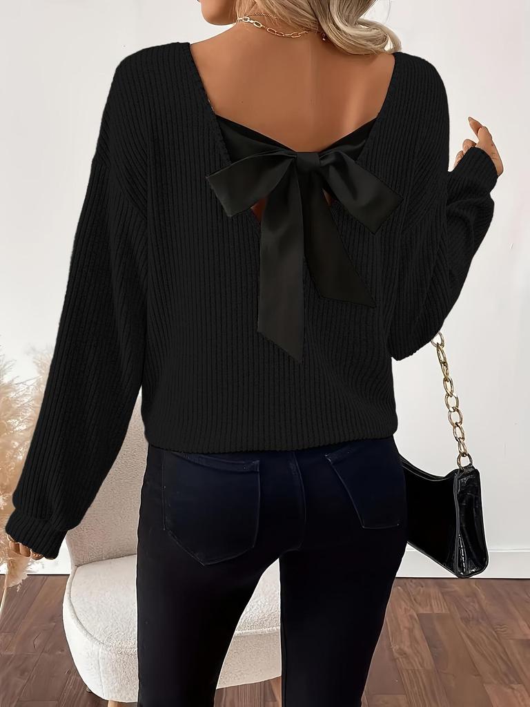 2025 Women's V-neck Solid Color Sweater: European & American Style, Autumn Long Sleeve, Casual Loose Fit with Bowknot