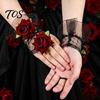 Elasticated Lace Hand Flowers Gothic Fingerless Glove, Elastic Short Sleeve, Wine Red Rose Bracelets Flower Wrist Cuff for Women Girls, Wedding,
