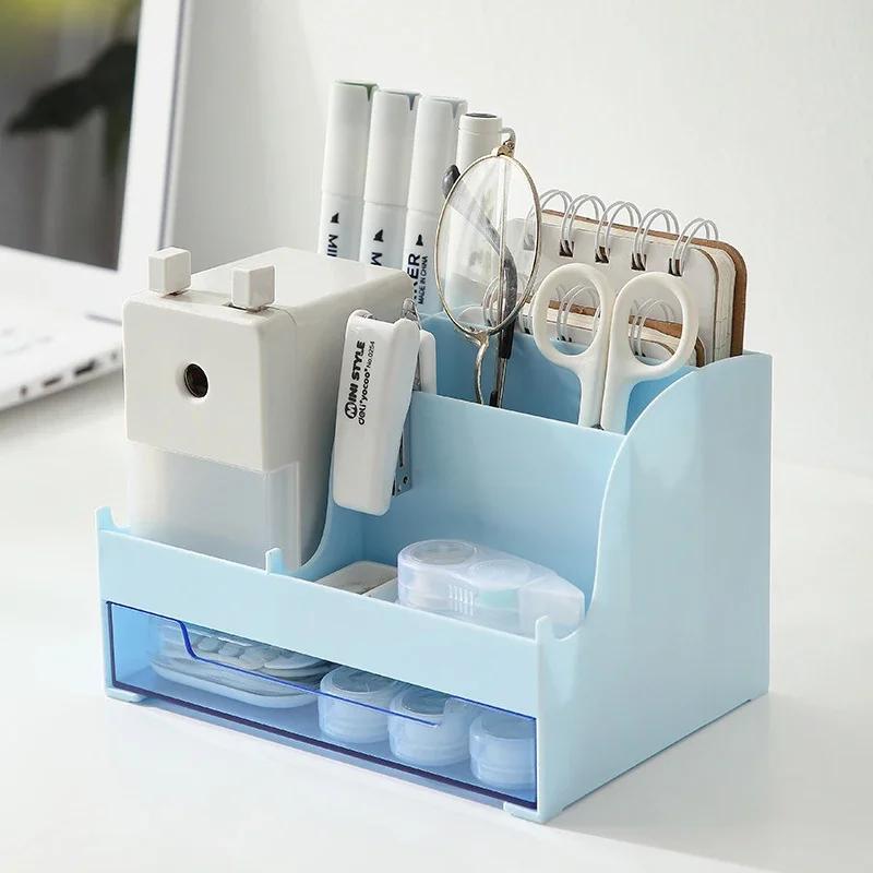 

Desktop Storage Box Pen Holder Stationery Cosmetics Lipstick Organizer with Drawer Large Capacity Debris Storage Office Home зелёный
