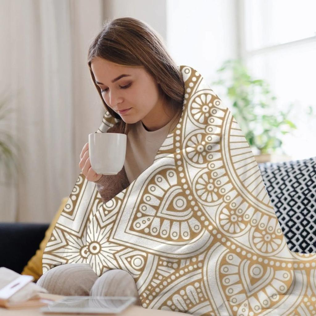 Gold Mandala Pattern Illustration With White Shimmer Throw Blanket Stylish Warm Blanket For Living Room Bedroom