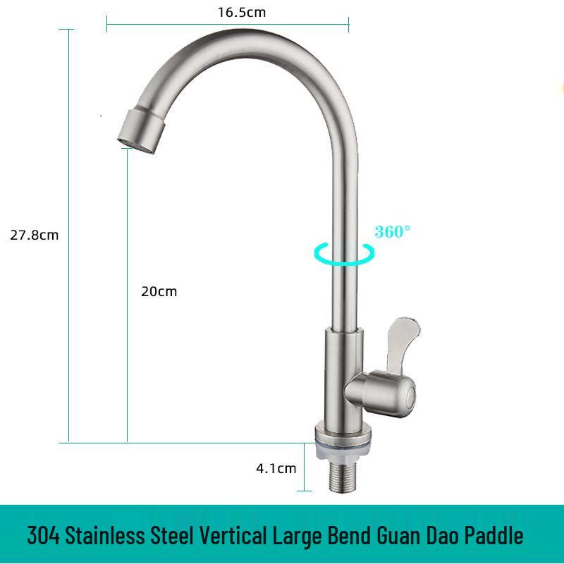Brushed Stainless Steel Kitchen Faucet, Single Cold with Full Copper Core, 4-Point Connection