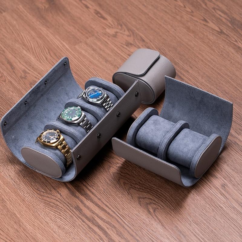 Compact Travel Friendly Watch Box Featuring Protective Flocking Compartments Waterproof Watch Organizers Leather Texture