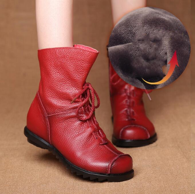 

Genuine Leather Plush women s short Boots Retro Casual Autumn Winter Women Boots Waterproof warm Snow boots Plus Size 42 35