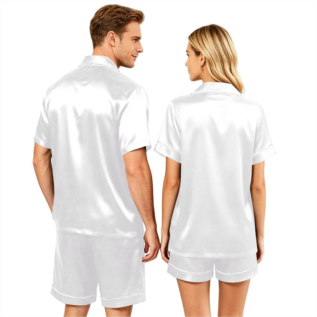 Couples Satin Pajama Set Short Sleeve Button Down Shirt and Shorts Sleepwear Soft Lightweight Loungewear S-XXXXL