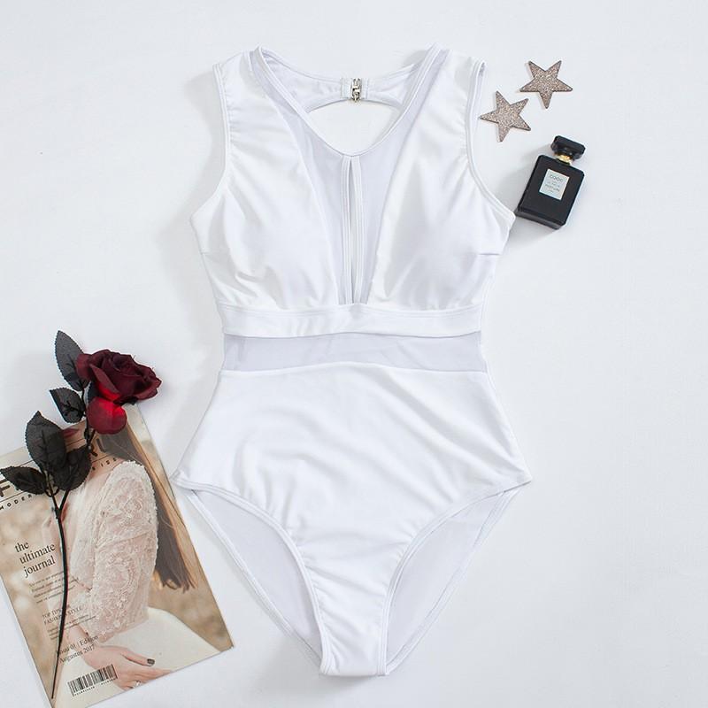 Womens One-Piece Swimsuit With Mesh Panel Solid Color Padded Bust Slimming Fit Swimming Beach Vacation