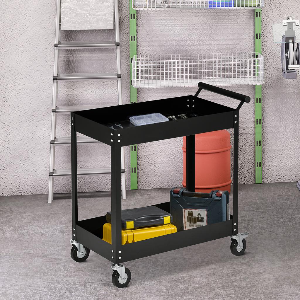 Workshop Trolley, 2 Tiers, Hand Cart, 4 Wheels, Steel, up to 150 kg, 84.5 x 38 x 84 cm, Black