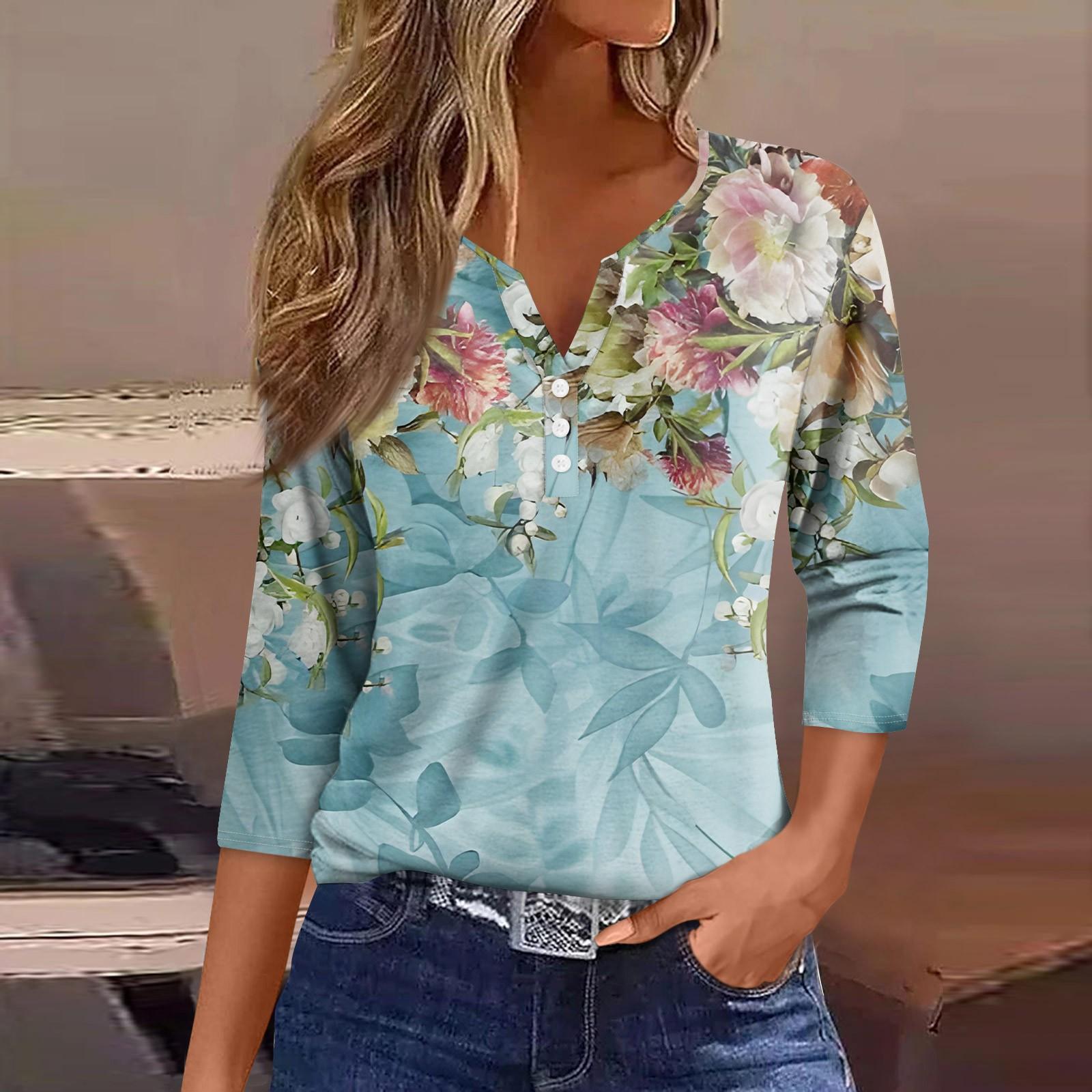 

Женская модная повседневная футболка с V-образным вырезом, рукавами семь, винтажный цветочный принт, топ на пуговицах L