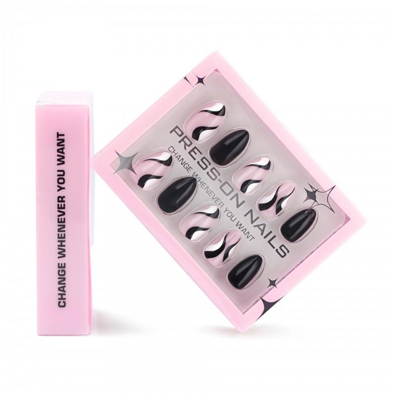 

Simple Solid Color Black Nail Art Wearing Short Almond Shaped Fake White Abstract Striped Plate