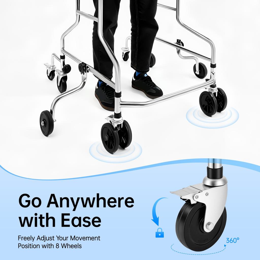 Stand Up Walker 8 Wheels Elderly Handicap Rehab Walking Aid Adjustable Stable Carbon Steel Anti Tilt Soft Sponge Seat