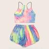 Womens Sleeveless Strappy Short Tie-dye Print Cami Belt Top And Pants Suit