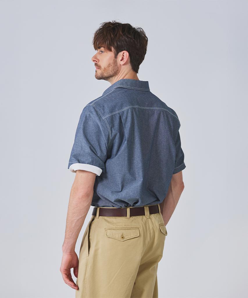 Geonjiulleunseu Chambray Work Short Sleeve Shirt - Deep Blue