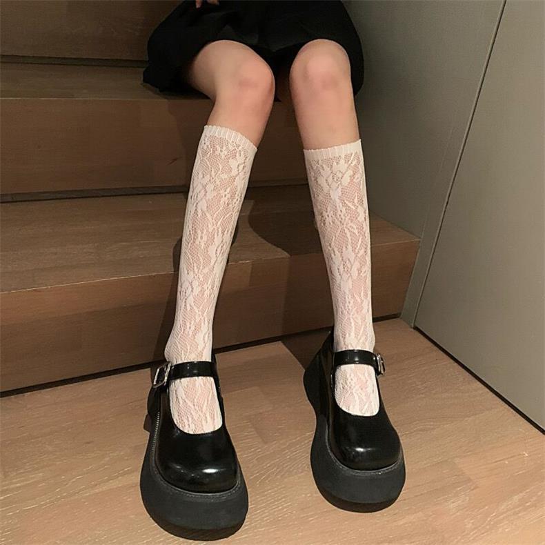 Lolita White Lace-Up Hollow-Out Mid-Calf Summer Socks