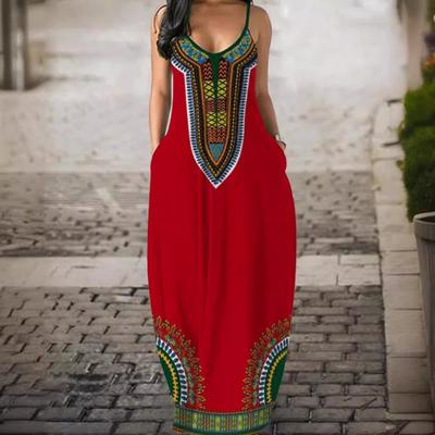 Sommer Damen Trägerkleid Retro Kontrastfarbe Bedruckt Übergroß V-Ausschnitt Ärmellos Rückenfrei Bohemian Stil A-Linie Knöchellang Urlaub Maxikleid