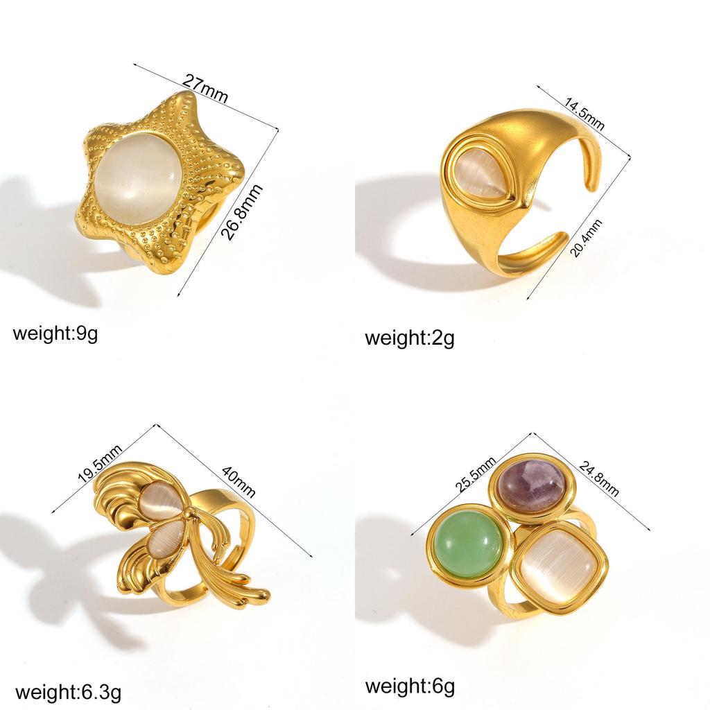 French Vintage Natural Stone Titanium Steel Ring For Women With Cat Eye Effect And Geometric Design