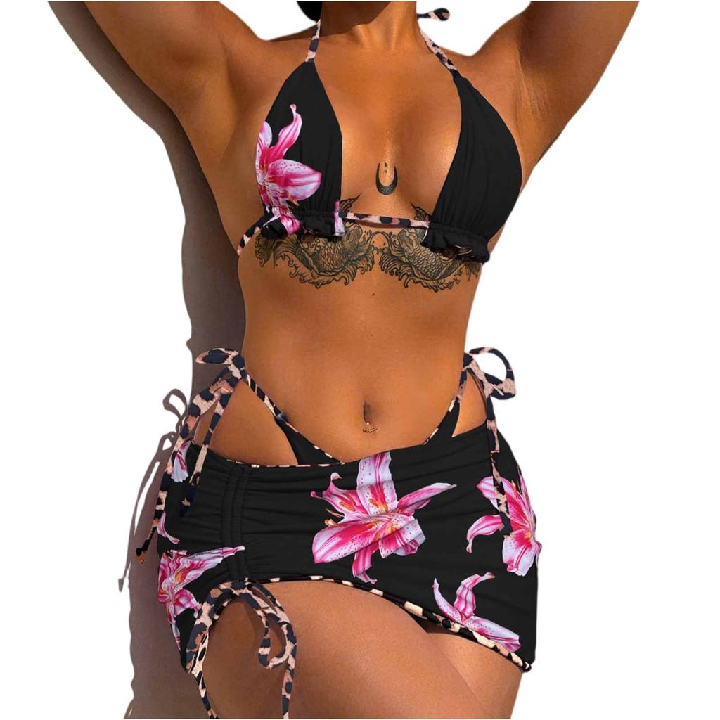 Women's 3-Piece Printed Bikini Set, European Swimwear, Double-Sided Wear, Swimsuit, Summer Pool Party Bathing Suit