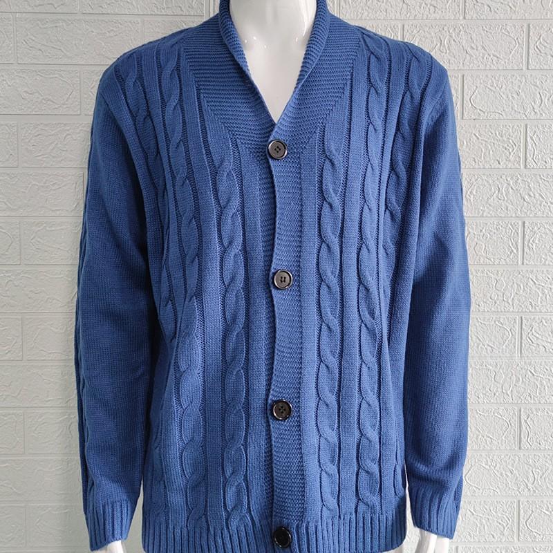 Men's V-Neck Cable Knit Cardigan Sweater In Light Grey, Beige, Dark Green, Blue, and Wine Red