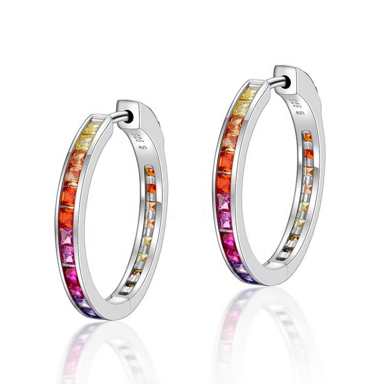 Fashion Rainbow Jewelry Custom CZ 925 Sterling Silver Rhodium Plated Rainbow Color Cubic Zirconia Hoop Huggie Earrings for Women
