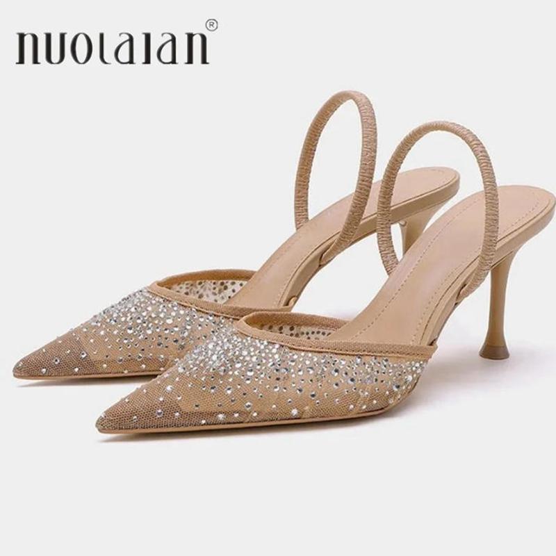 Sandali Estivi da Donna Strass Rete Brillante Tacchi Alti Calzature Eleganti Slingback a Punta Slip on da Festa Scarpe Décolleté da Donna