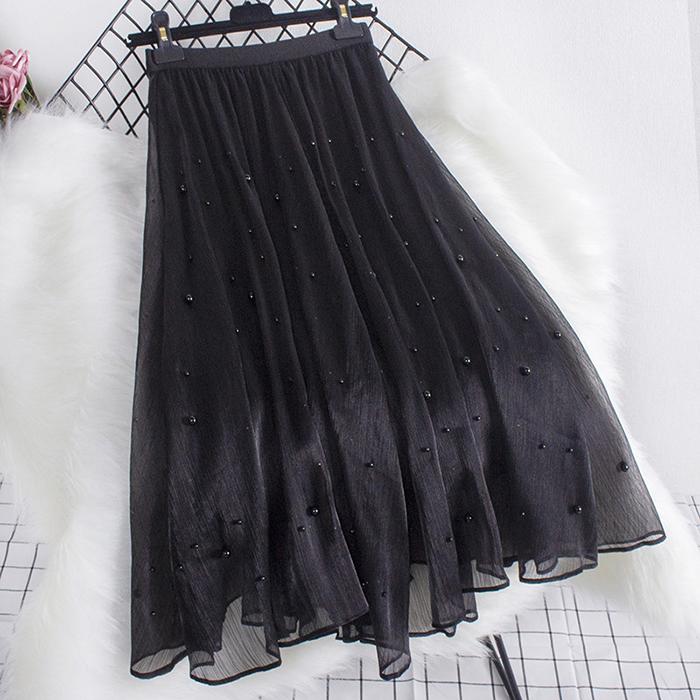 Damska spódnica siateczkowa A-line, jednokolorowa, nieregularna, z koralikami, na wiosnę i jesień, z wysokim stanem, pasująca do wszystkiego