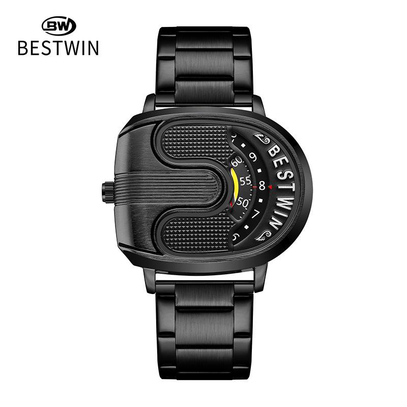 Fashion Men Irregular Tonneau Shape Quartz Watch Creative Rotating Dial Stainless Steel Bracelet Wristwatch
