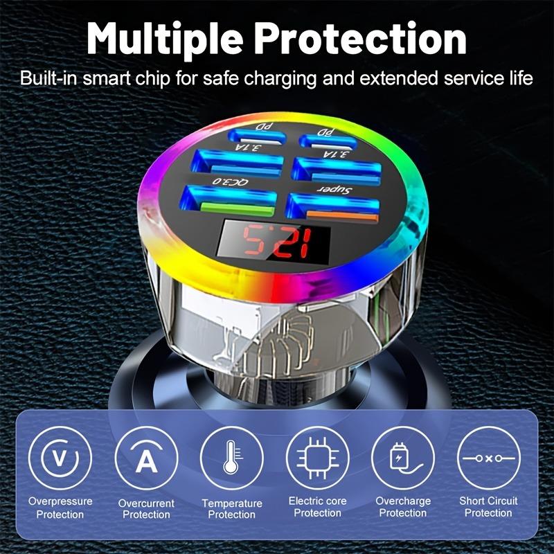 65W 6-Port Fast Car Charger with Voltage Display - QC3.0 & Dual PD Ports - Colorful LED for 12-24V Vehicles