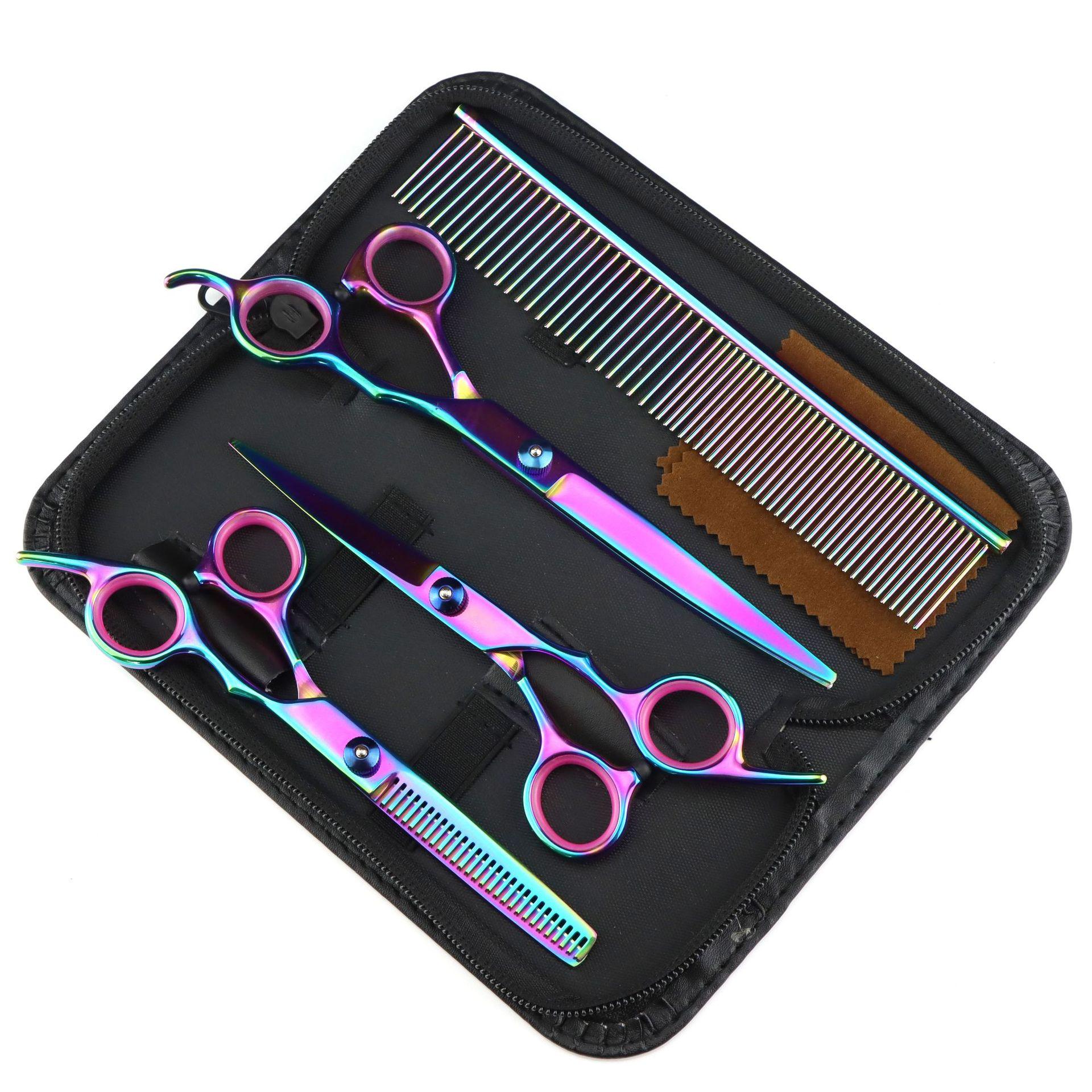 7.0 Inch, Color Electroplating 3 Packs, Pet Beauty Scissors, Straight Scissors, Steel Comb For The Set. Colorful 3-piece set + steel comb