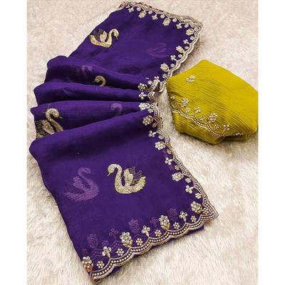 Crunchy Ciffon  Saree Flower Embroidered and Both Hand Moti Work & Diamond Work with Contrast Embroidery Blouse Piece.