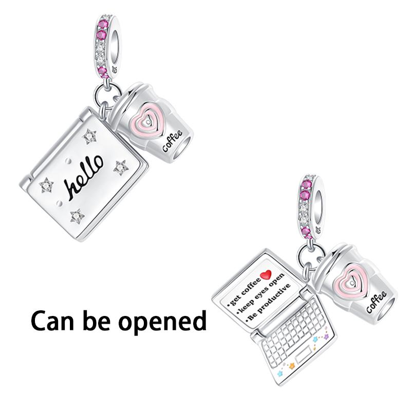 Copper Craft Can Be Opened Notebook Computer Beads Coffee Cup Pendants Beads Fit Bracelet Jewellery Handmade Making Women