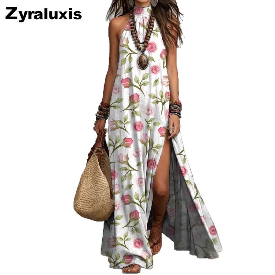 Summer Bohemian Ruffle Open-Shoulder Printed Maxi Dress