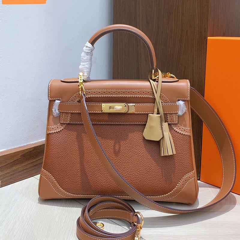 European and American Retro Fubao Leather Keli Bag Wide Shoulder Strap Leather Handbag Women's Fashion Casual Lock Single Shoulder Messenger Bag